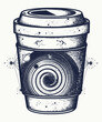 Coffee cup and universe. Tattoo. Pop culture style, symbol of energy, awakening. Creative t-shirt design concept