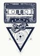 Music tattoo. Audio cassette type, and universe tattoo. Sacred geometry. Musical symbol of retro nostalgia, 80th and 90th. disco t-shirt design  concept