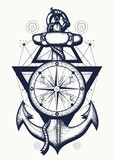 Fototapeta Młodzieżowe - Anchor and compass tattoo. Symbol of freedom and sea adventure, journey and tourism. Sacred geometry style. Creative t-shirt design concept