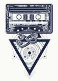 Fototapeta Młodzieżowe - Music tattoo. Audio cassette type, and universe tattoo. Sacred geometry. Musical symbol of retro nostalgia, 80th and 90th. disco t-shirt design  concept