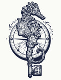 Fototapeta Młodzieżowe - Sea horse, compass and vintage key. Tattoo and t-shirt design. Black and white esoteric symbol of travel, journey, freedom and sea adventure
