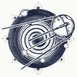 Fototapeta Młodzieżowe - Sputnik space ship and universe. Tattoo and t-shirt design. Symbol of space expedition, science, future, research of solar system