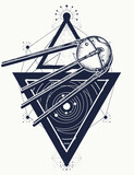 Fototapeta Młodzieżowe - Sputnik space ship, black hole and universe. Sacred geometry style. Symbol of space adventure, expedition, science, future, research of solar system. Tattoo and t-shirt design