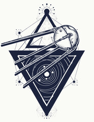 Wall Mural - Sputnik space ship, black hole and universe. Sacred geometry style. Symbol of space adventure, expedition, science, future, research of solar system. Tattoo and t-shirt design
