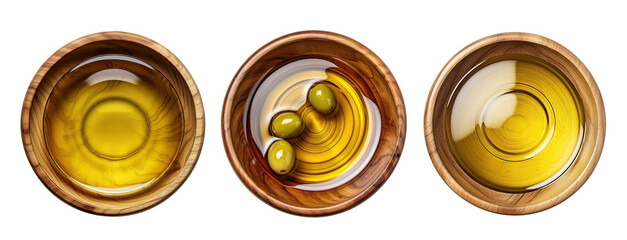 Wall Mural - Set of wooden bowls with olive oil isolated on transparent background, top view