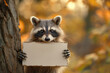 Raccoon holding a blank sign among autumn leaves
