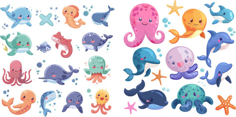 Canvas Print - Cute sea animals characters vector illustration set