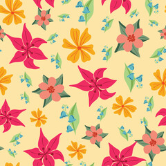 Wall Mural - Colorful spring flowers vector repeat pattern on yellow background