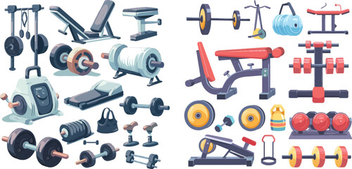 Wall Mural - Gym sports, indoor activity vector symbols set. Sport accessories and gym fitness equipment illustration