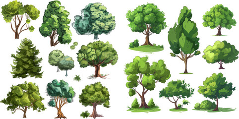 Wall Mural - Nature forest and park green trees vector illustration set