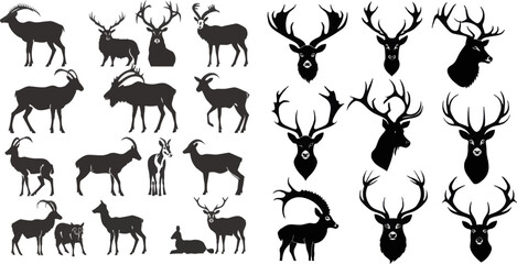 Moose, deer, ram, goat, bison horns black silhouette vector illustration set