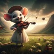 A little mouse plays the violin with confidence on the green grass in the open plain.