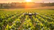 A drone flying over a lush green agricultural field, equipped with various sensors and cameras to be used in precision agriculture. High technology innovations and smart farming.