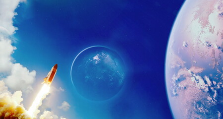 Wall Mural - rockets launch into space on the starry sky. spacecraft flies into space with clouds of smoke. eleme