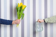 A man's hand with a bouquet of yellow tulips and a woman's hand with a jar of water on a striped background.