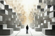 a man stands in the distance, surrounded by a lot of white blocks and cubes on the floor and walls and flying in space, in the style of 3D rendering