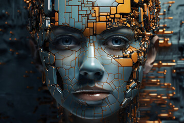 Wall Mural - face of female android bio robot, close portrait, concept of cybernetics and biomechanics and robotics of future