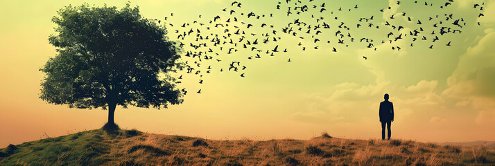 Wall Mural - a man standing on a hill looking at a flock of birds flying over a tree and a man standing next to a tree.
