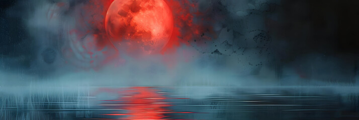 Wall Mural - a painting of a red moon rising over a body of water in front of a dark