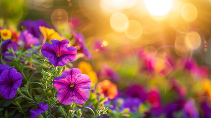 Wall Mural - Bright purple petunia in the flowerbed on colorful bokeh background.