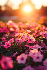 Wall Mural - Flowerbed with pink petunia flowers in sunset lighting.