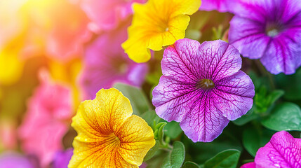 Wall Mural - Yellow and lilac petunia flowers close up in the flowerbed.