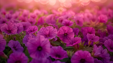 Wall Mural - Blooming magenta petunias in a flowerbed in sunset lighting. Floral banner.