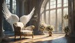 living room with angel wing decorations