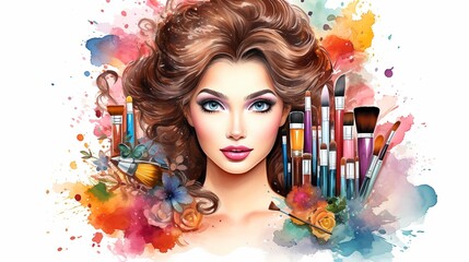 Cartoon makeup artist with brushes watercolor clipart