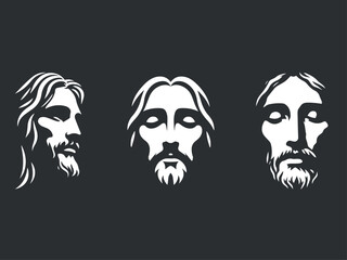 The white silhouette of Jesus' face on a black background set. simple vector illustration. logo, emblem, icon
