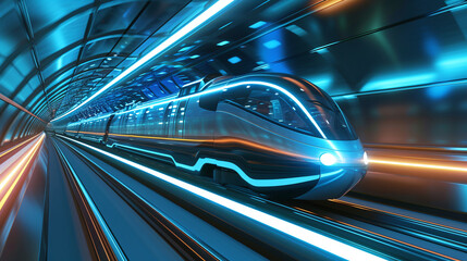 High-speed train speeds through a pink and blue neon-lit futuristic tunnel.