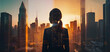 Silhouette of Businesswoman Against Skyscrapers, Golden Hour