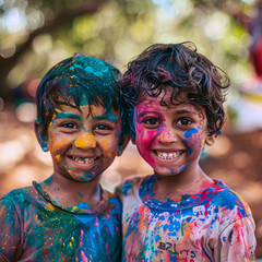 Indian children playing holi.	