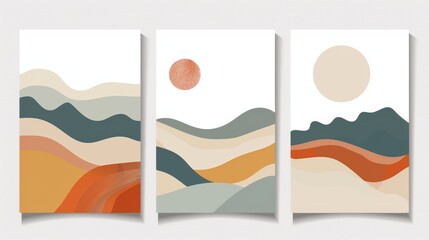 Wall Mural - Posters with abstract contemporary landscapes. Modern boho background set with sun moon mountains. Modern art print.