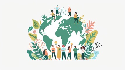 Wall Mural - Symbolizing protection of the environment, people stand in a circle around the big earth. Modern illustration in flat design style.