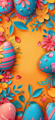 Wall Mural - Easter Composition of Eggs Flowers on Colorful Background Illustration for Poster Banner Flayer greeting Card Add or Post
