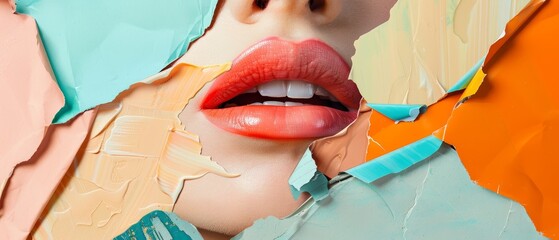 Wall Mural - Summer time mood. Abstract composition with female opening mouth isolated over a bright abstract background. Party, vacation, resort, fun mood.