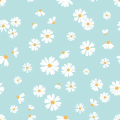 Sticker - Seamless pattern with daisy flower on green mint background vector. Cute floral print.