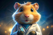 Illustration of a guinea pig scientist holding a flask - A cute guinea pig in a lab coat holding a vial, with a twinkling light background, depicting a small animal as a scientist