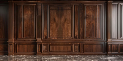 empty room with brown natural wood wall panels background with ceramic floor,Luxury wood paneling background or texture. highly crafted classic or traditional wood paneling, with a frame pattern