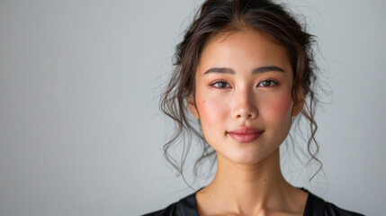 Wall Mural - Portrait of a young woman with a gentle smile, natural makeup, and curly hair, standing against a neutral background.