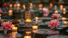 A Serene Buddha Statue Illuminated By Candlelight With Floating Lotus Flowers In The Foreground,ai