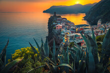 Amazing Vernazza village on the cliffs at sunset, Liguria, Italy