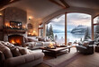 cozy interior of the room with a fireplace and sofa, a large window overlooking the snow-capped mountains and lake, a romantic atmosphere for rest and relaxation,