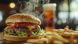 Juicy cheeseburger with steam rising, served with a side of french fries and a blurred background featuring a cold beverage.
