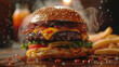 Close-up of a juicy cheeseburger with steam rising, cheddar cheese melting over a beef patty, crispy bacon, lettuce, tomatoes, pickles, and sesame bun