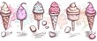 A set of hand drawn icons for ice cream. Dessert food. Flat art depicting various types of ice cream in a waffle cup and a popsicle. Modern illustration isolated on white.