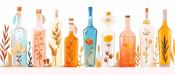 Sticker - Various shapes and colors of alcohol bottles. Abstract flat design modern illustration isolated on white.