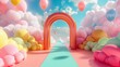 3d archway with colorful pastel balloons background design