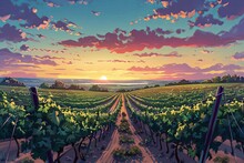 An Illustrated Vineyard Basks In The Glow Of A Sunset, With Rows Of Grapevines Stretching Towards The Horizon Under A Vivid Sky.